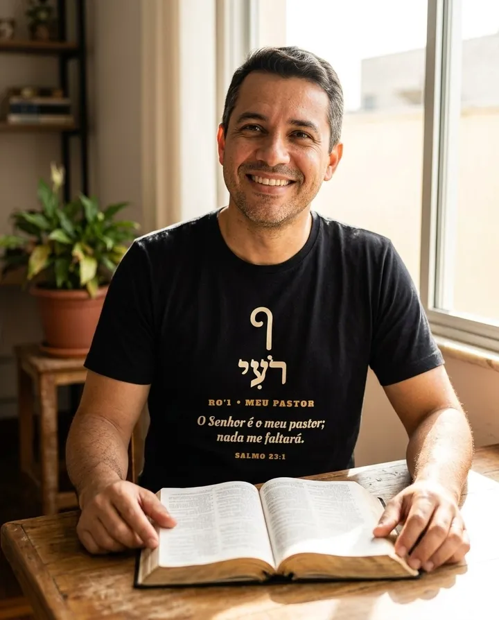 Homem vestindo a camiseta escura com a arte Pastor